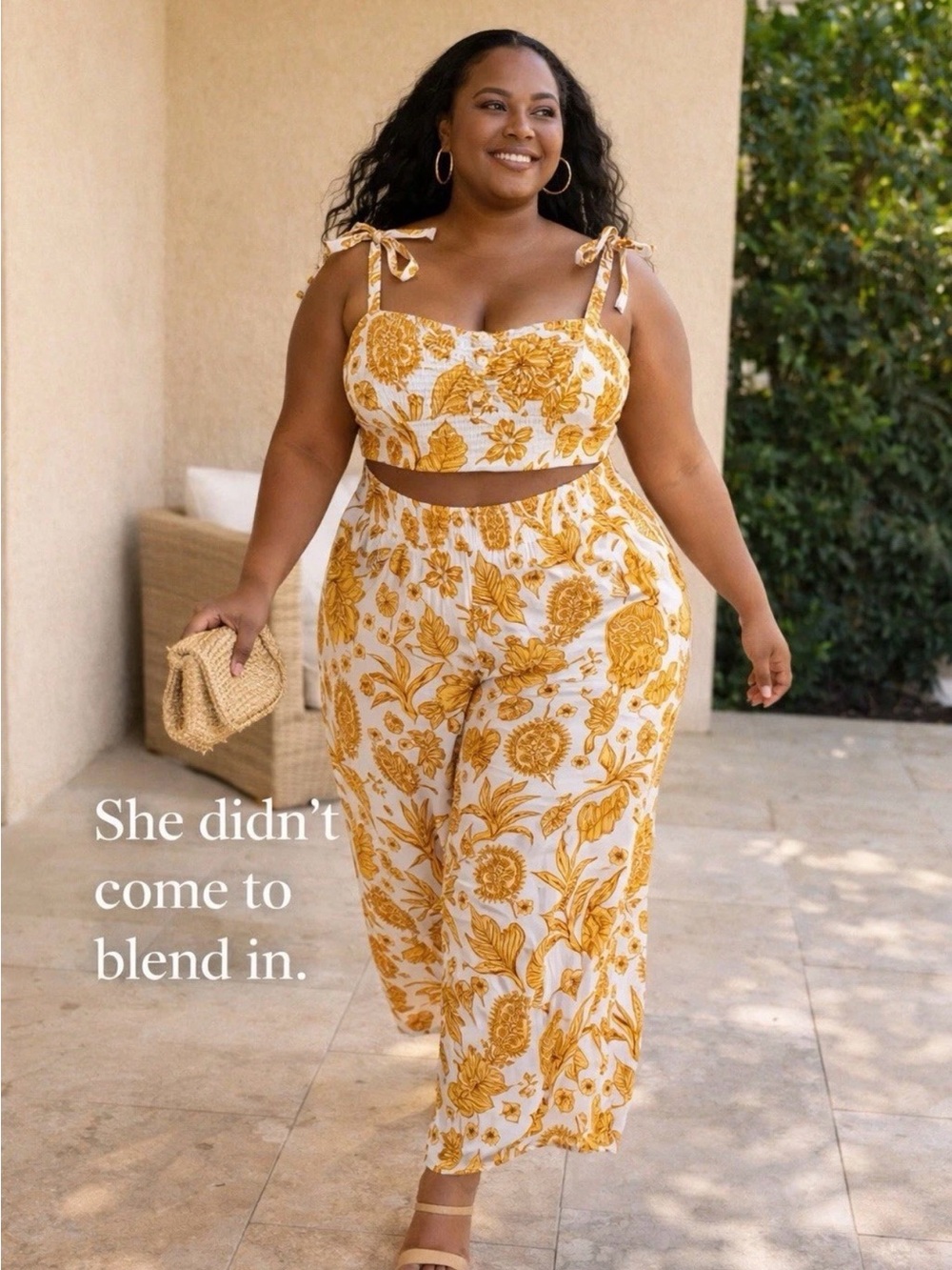 Plus Size Wide Leg Pants & Tie-Shoulder Crop Top Set - White & Mustard Floral
